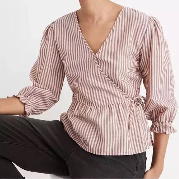 Madewell Blouse Women's Puff-Sleeve Peplum Wrap Top in Stripe Medium Mc794 - Picture 15 of 15